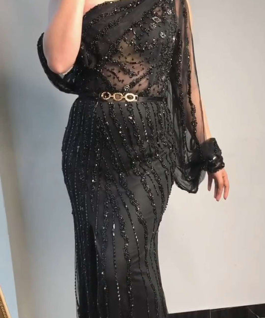 blue Dubai One Shouder Sexy Split Evening Dresses Luxury Beading Crystal Sparkle Formal Dress 2020 - LiveTrendsX