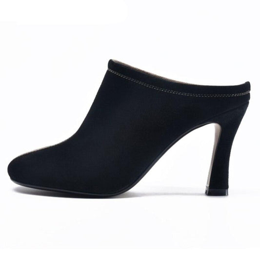 high heels black ladies square toe runway sandals pumps size 4 34 block fashion brand women shoes suede genuine leather - LiveTrendsX