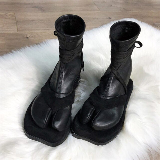 Fashion Design Women Ankle Boots Split Toe Flat Sock Boots Soft Leather Straps Military Boot Autumn Winter Shoes Woman - LiveTrendsX