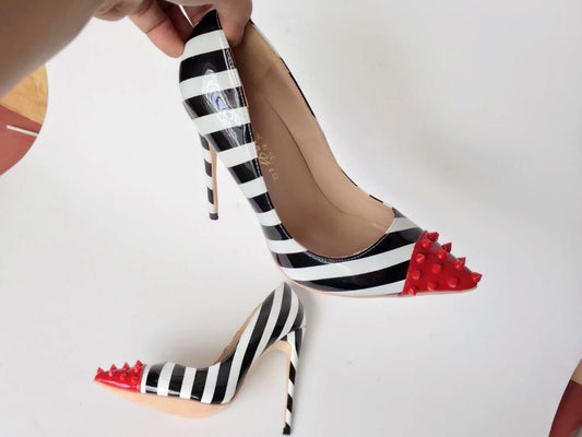 Newest Mixed Colors High Heel Shoes Sexy Pointed Toe Rivets Studded Woman Pumps Thin Heels Dress Shoes - LiveTrendsX