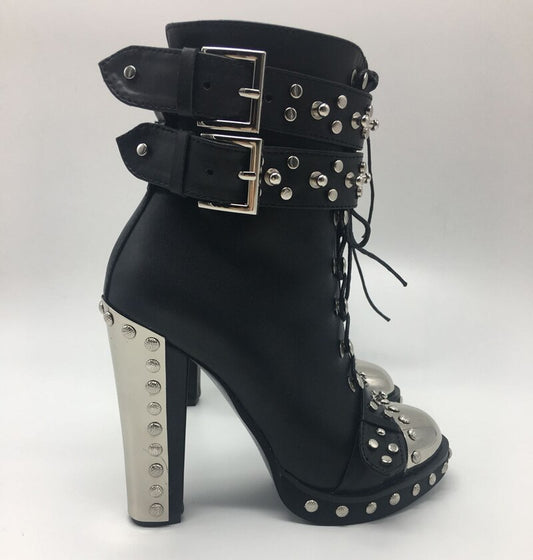 Cool Punk Metal Toe Chunky High-heel Boots Metallic Platform Boots Shoes Female Winter Autumn Studs Riding Boots Genuine Leather - LiveTrendsX