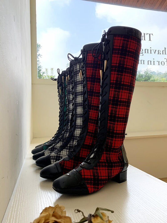 Shoes Woman Ladies Boots Square Toe Zapatos De Mujer Lace Up Bottes Femme Mixed Colors Stitching Boots Knee High Boots - LiveTrendsX