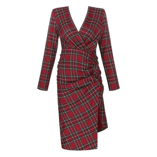 Autumn New Ladies Retro Red Plaid Fashion V-neck Long Sleeved Slim Draped Irregular Hemline Slit Knee Length Dress - LiveTrendsX