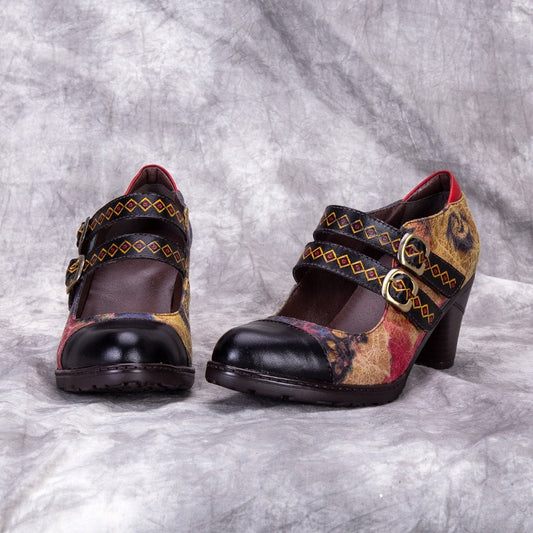 Pumps Women Shoes Genuine Leather High Heels 2020 New Retro Round Toe Casual Buckle Strap Platform Ladies Shoes - LiveTrendsX