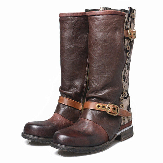 New Designer Outside Armor Retro Boots Real Leather Mixed Color Motorcycle Boots Handsome Lace Up Knight Boot - LiveTrendsX