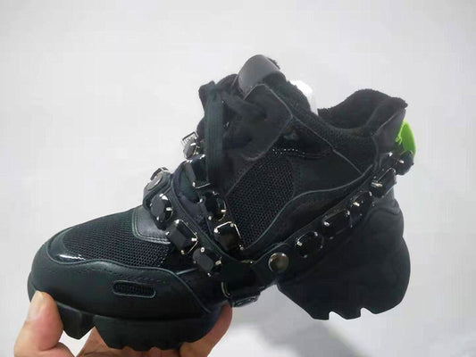 Luxury Rhinestone Genuine Leather Sneakers Women Plush In Non-Slip Dad Shoes Woman Front Lace-Up Outdoor Scarpe - LiveTrendsX