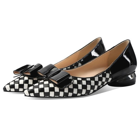 classic plaid pattern genuine leather high heels comfortable low-heeled office women heels pointed toe high heel shoes - LiveTrendsX