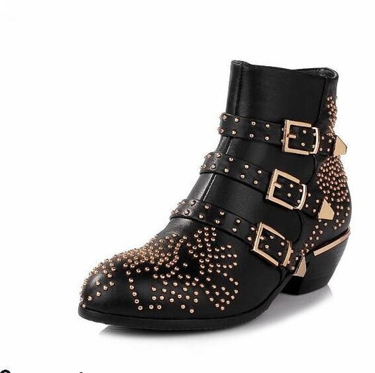 Autumn Winter Ankle Boots for Women Gold Buklce Rivets Decoration Chunkly Heels Studded Boots Round Toe Side Zipper Ladies Shoes - LiveTrendsX