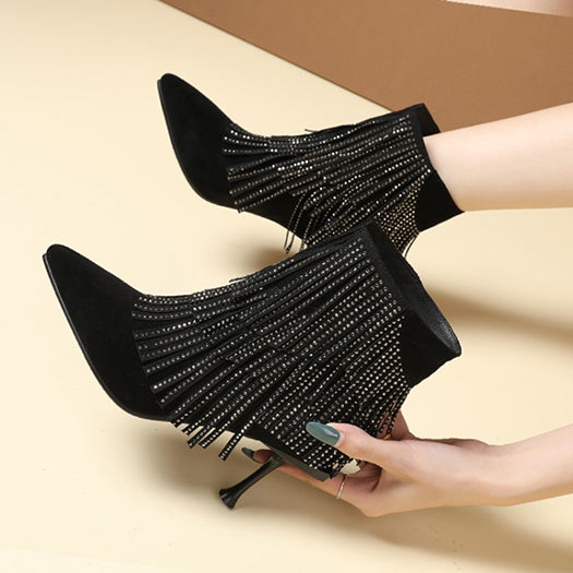 stiletto fringe brand crystal ankle diamond pointed toe shoes high heel suede women boots winter rhinestone gray autumn - LiveTrendsX