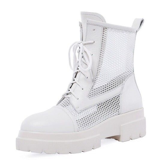 new ankle boots for women round toe lace up mesh+genuine leather shoes platform summer women boots big size 34-42 - LiveTrendsX