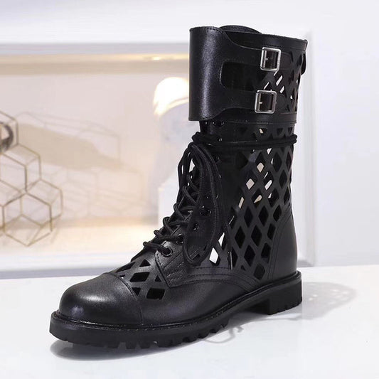 Chic hollowing out style Ankle Boots Women genuine leather runway shoes femme comfy flat heel Chelsea boots cross lace up mujer - LiveTrendsX