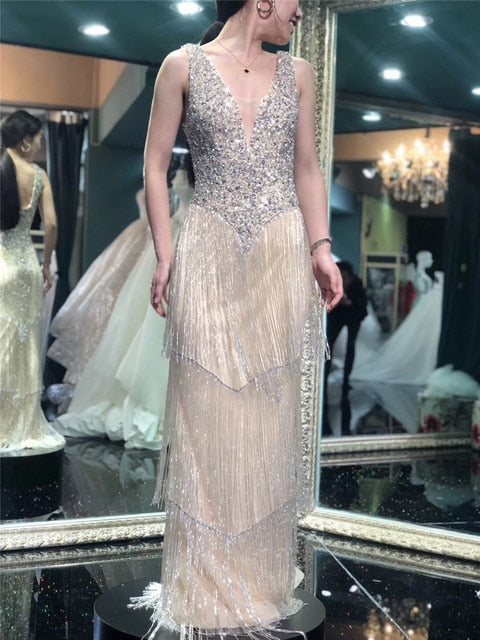 Dubai Design Grey Sexy Deep-V Evening Dresss Sequined Beading Tassel Luxury Formal Dress 2020 - LiveTrendsX