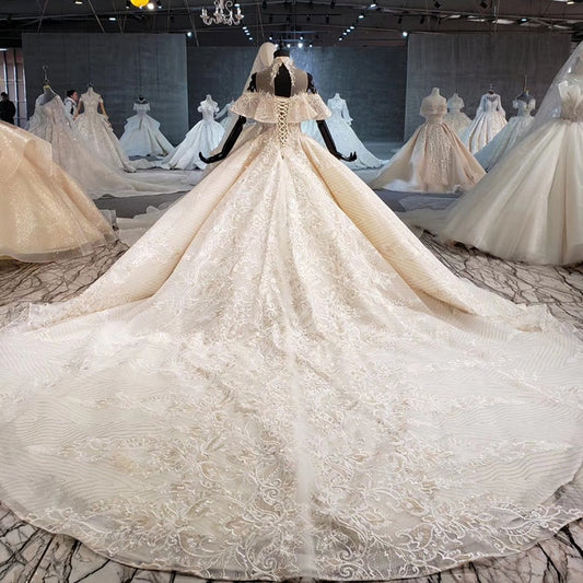 ball gown wedding dress luxury crystal high neck off shoulder bride dressing gown plus size - LiveTrendsX