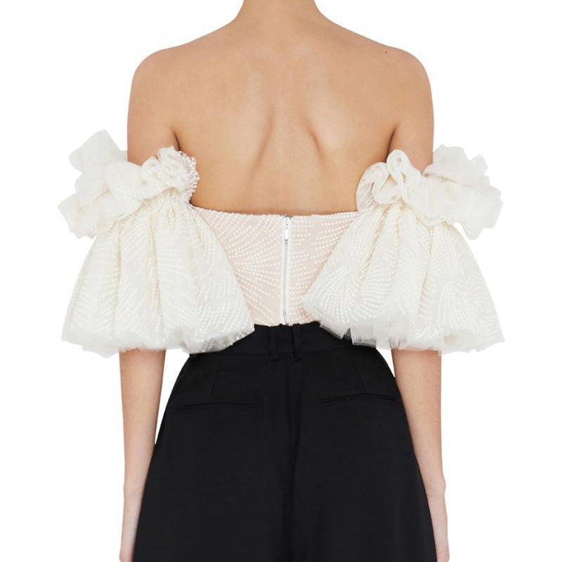 レディース ストラップレス シャツ オフショルダー 刺繍 フリル フレアスリーブ トップス