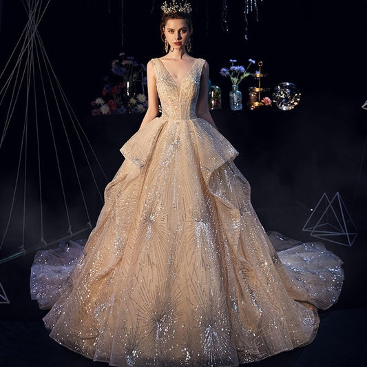 Luxury Starry Sky Wedding Dress Fairy Ruffle Ruched Sequin Beading Appliques Chapel Train Bridal Dress - LiveTrendsX