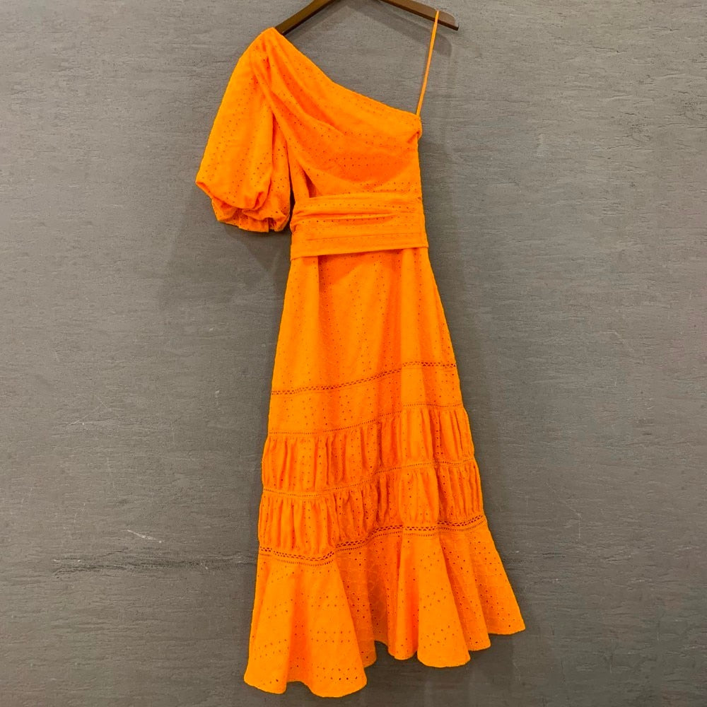 Casual Solid Women Dress One Shoulder Puff Sleeve High Waist Sashes Hollow Out Midi Dresses Female Fashion Summer - LiveTrendsX