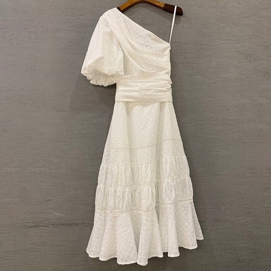 Casual Solid Women Dress One Shoulder Puff Sleeve High Waist Sashes Hollow Out Midi Dresses Female Fashion Summer - LiveTrendsX