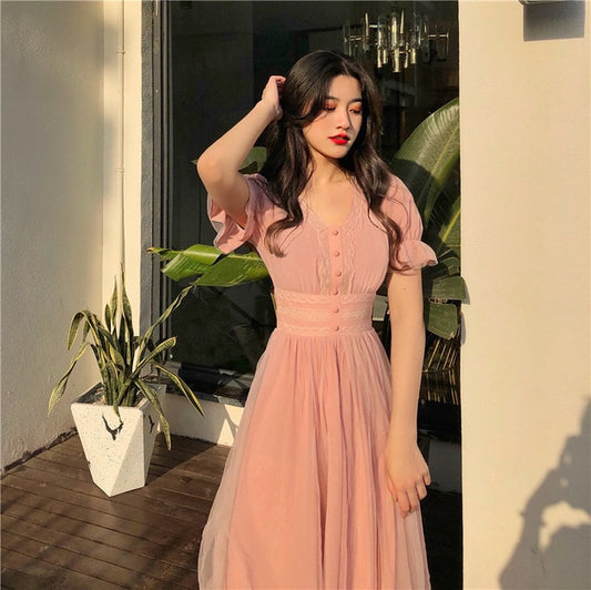 2020 New Summer Mesh Dress Female V-neck Short Puff Sleeve A-line Women Dress Slim Korean Style Mesh Elegant Vintage Vestidos - LiveTrendsX