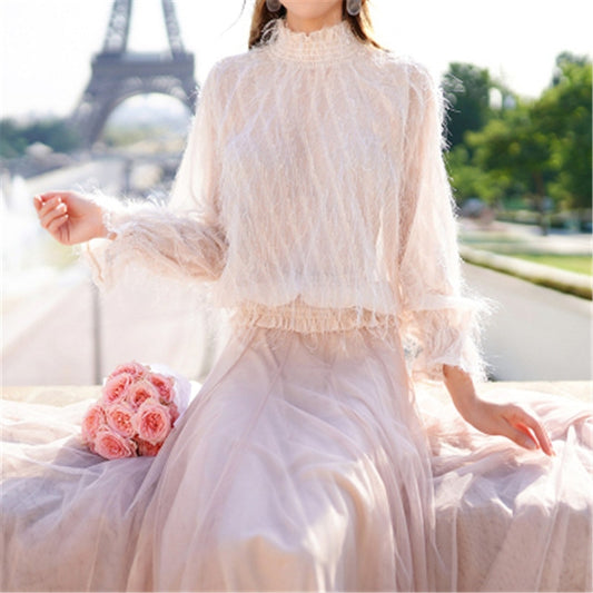 autumn new feather tassel mesh splicing ladies temperament long stand-up collar long-sleeved dress - LiveTrendsX