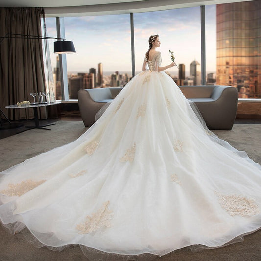 Beading Short Sleeve Gold Lace Shiny Ball Gown Wedding Dresses Robe De Mariee V-neck Princess Bridal Gowns - LiveTrendsX