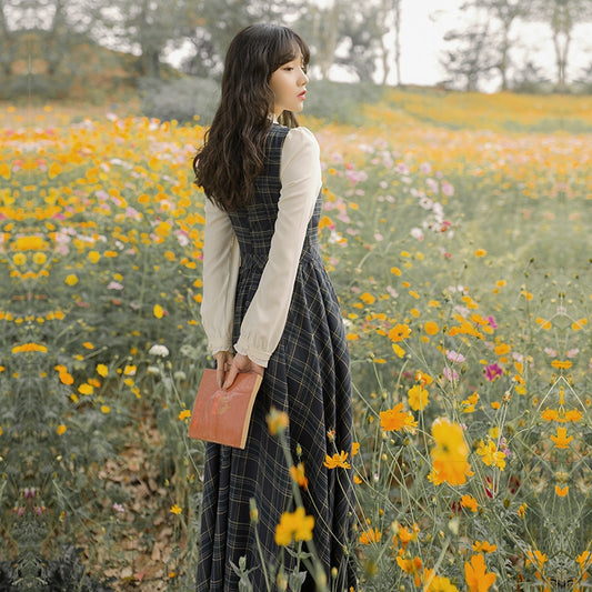 Spring Mid-calf Vintage Plaid Long Women Dress Fake Set Vestidos Embroidery Full Sleeve Evening Party Elegant Dress - LiveTrendsX