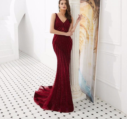 Dubai Wine Red Mermaid Luxury Evening Dresses 2020 Full Diamond V-Neck Formal Gowns - LiveTrendsX