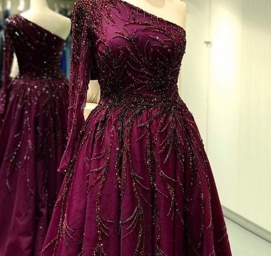 Dubai Design Wine Red A-Line Evening Dresses One-Shoulder Sexy Luxury Formal Dress 2020 - LiveTrendsX