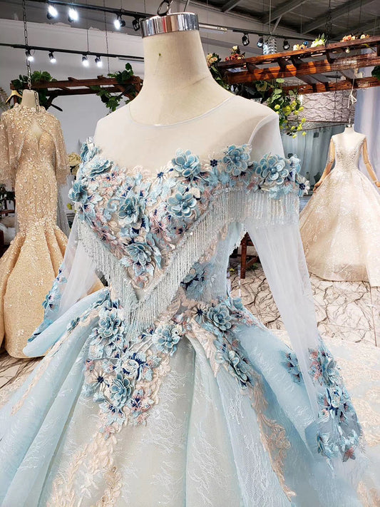 elegant evening dress with blue appliques flowers o-neck lace up back long formal dress women robe soiree manche longue - LiveTrendsX