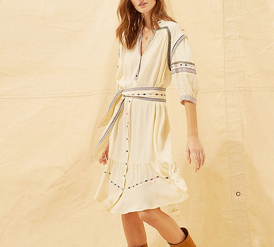 Boho Dress Bohemian Dress Women V-neck Embroidered Belt Vintage Dress Women Long Lantern Sleeve Causal - LiveTrendsX