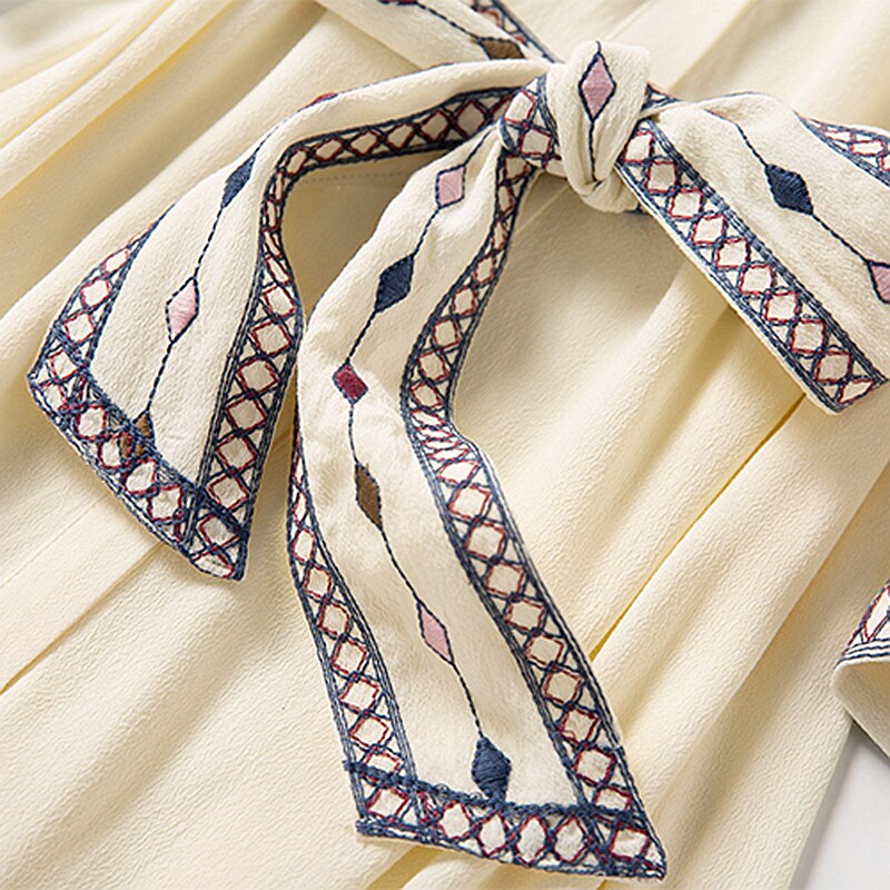 Boho Dress Bohemian Dress Women V-neck Embroidered Belt Vintage Dress Women Long Lantern Sleeve Causal - LiveTrendsX