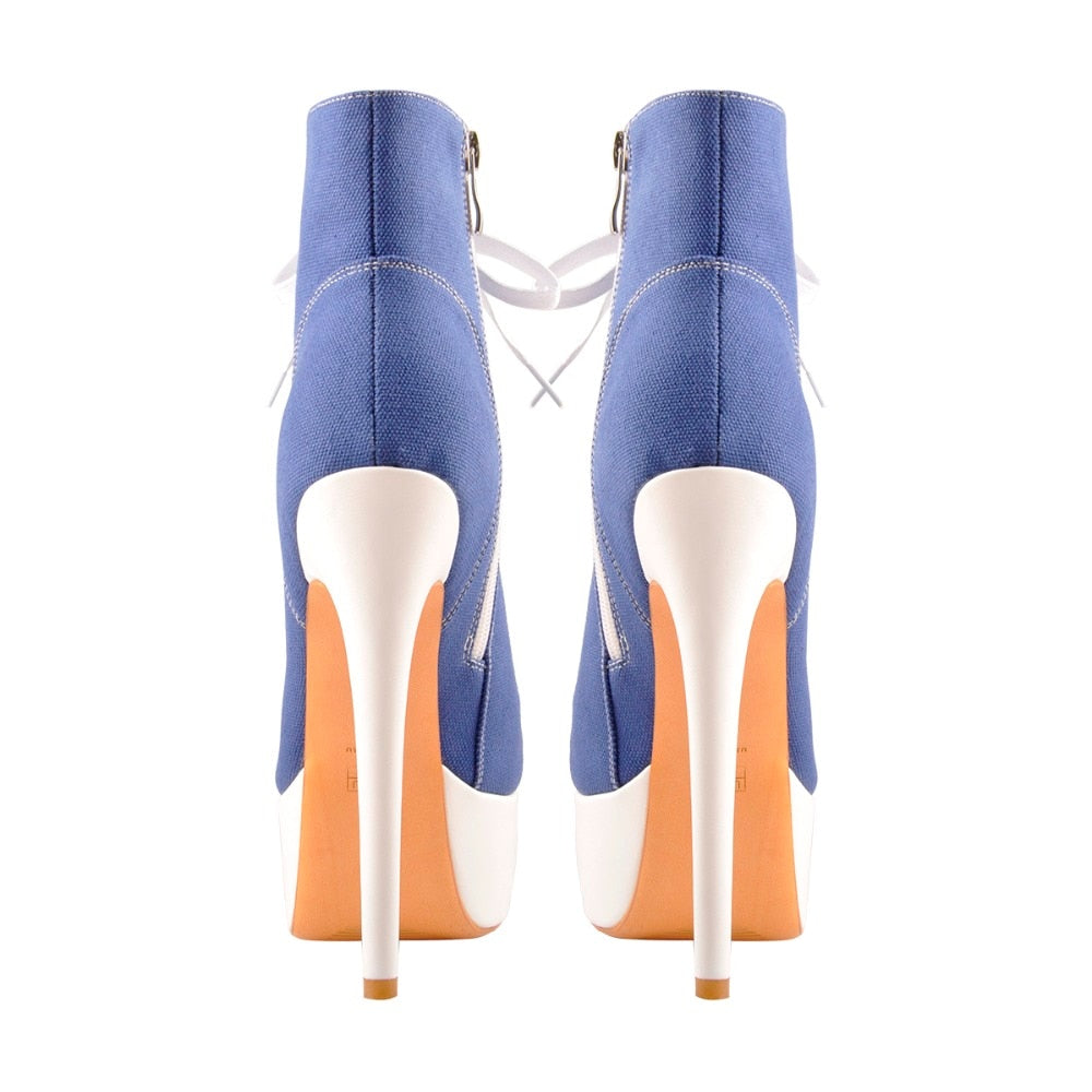 Platform Canvas Ankle Booties 16CM High Heel Lace Up Pump