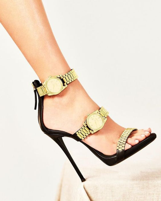 Luxury Gold Chain Strappy High Heel Sandals Celebrity Watch Dec Shoes Simple Strap Evening Sandal Women Sandalias Femininas - LiveTrendsX