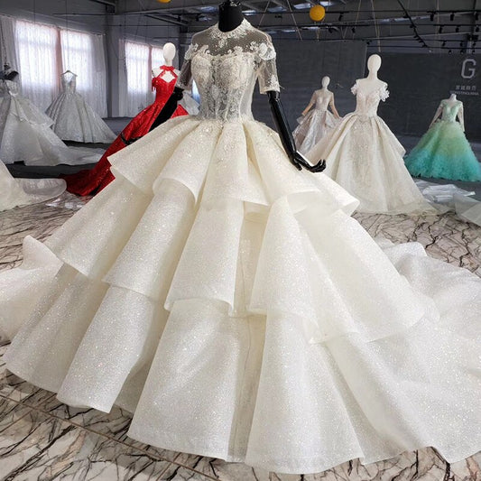 ball gown wedding dress plus size bead crystal o-neck short sleeves wedding gowns for bride with sleeve vestido novia - LiveTrendsX