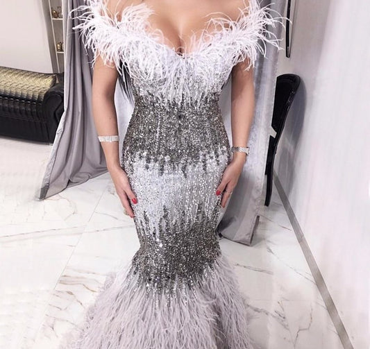 Dubai Design Grey Luxury Sexy Evening Dresses Crystal Feathers Off Shoulder Formal Dress 2020 - LiveTrendsX