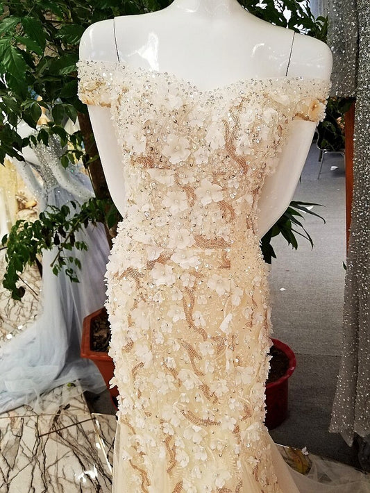 3D flowers mermaid evening dresses Sequins off shoulder lace up back Lace Evening Dress 2020 - LiveTrendsX