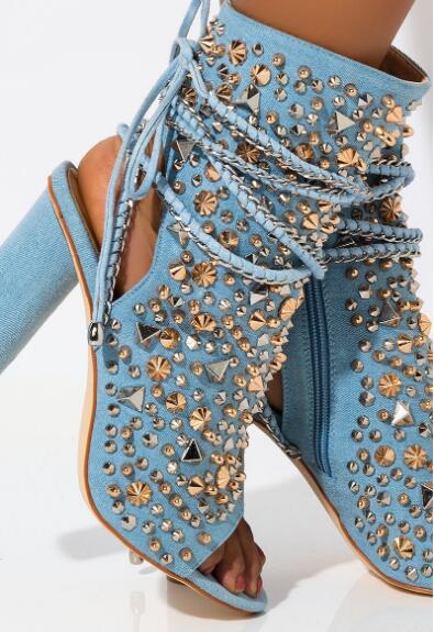 Summer Light Blue Jeans Rivets Slingback Short Boots Woman Chunky Heels Peep Toe Spikes Lace Up Booties Ankle Boots - LiveTrendsX