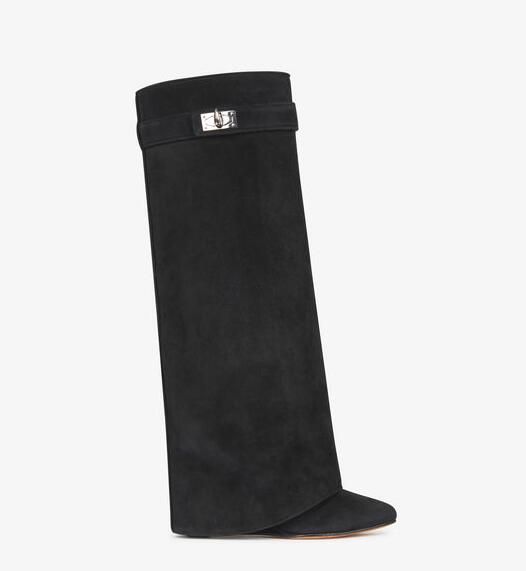 Sexy Suede Shark Lock Fold-Over Thigh High Belted Boots Pointed Toe Covered Wedge Heel Winter Boots Women Plus Size 43 - LiveTrendsX