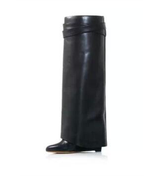 Sexy Suede Shark Lock Fold-Over Thigh High Belted Boots Pointed Toe Covered Wedge Heel Winter Boots Women Plus Size 43 - LiveTrendsX