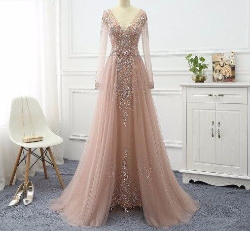 A Line Beading Evening Dress 2020 Long Elegant Formal Dresses Long Sleeve Gown - LiveTrendsX