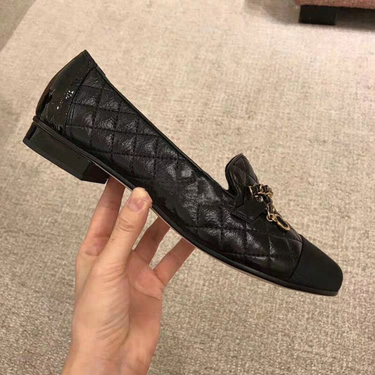 ブラック パッチワーク フラットシューズ レディース ローファー スリッポン スクエアトゥ