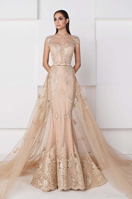Champagne Muslim Evening Dresses Mermaid Cap Sleeves Tulle Appliques Islamic Dubai Saudi Arabic Long Evening Gown Prom Dress - LiveTrendsX