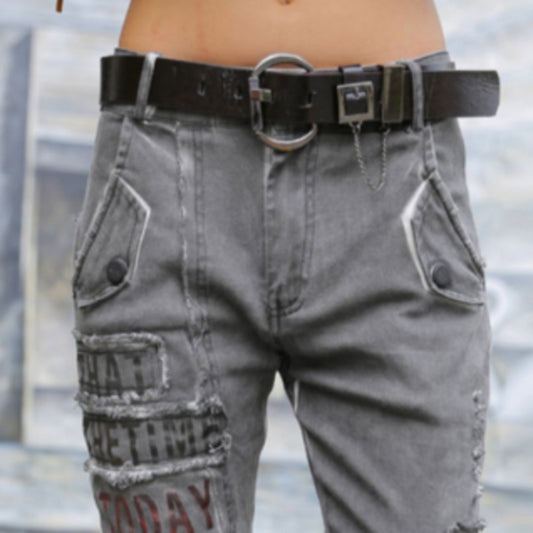 jean haram pants women suutmn grey low wasit streetwear denim pencil pants ladies plus size holes letter printed trousers - LiveTrendsX