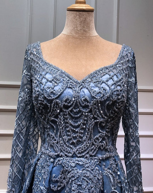 Dubai Blue Luxury Long Sleeves Evening Dresses 2020 Lace V-Neck Crystal A-Line Evening Gowns - LiveTrendsX