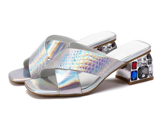 Women Sandals Bright Cow Leather Rhinestone Coarse High Heel Cross Square Open-toed Slingback Ladies Pumps - LiveTrendsX