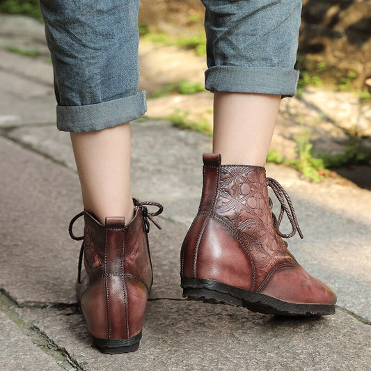 Original retro women's boots leather soft bottom lace-up flat boots hand-washed round head printed leather short boots - LiveTrendsX