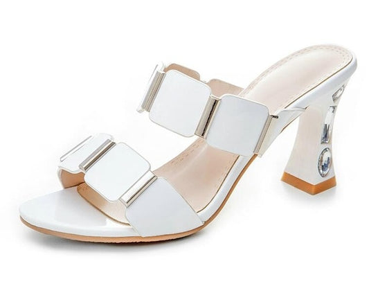Ladies Sandals Round Open-toed PU Leather Rhinestone Square High Heel Slingback Anti-skid Party Women Pumps - LiveTrendsX