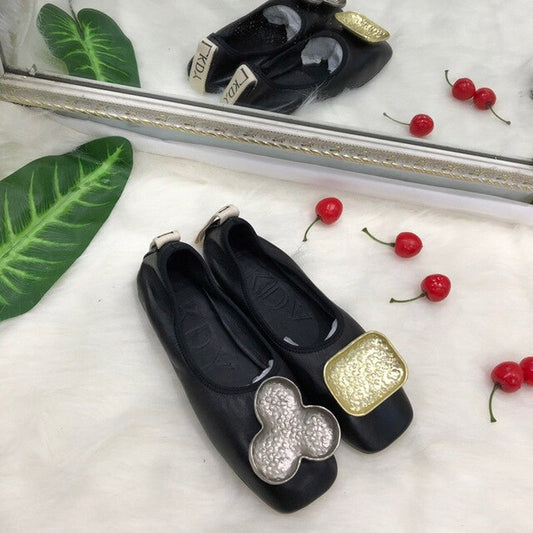 women top Genuine Leather leg ballet flat shoes metal letter decoration full sheepskin casual pregnant lazy shoes - LiveTrendsX