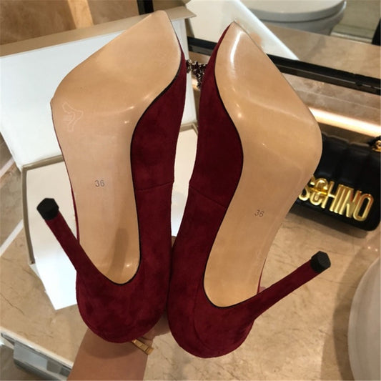 New Spring/Autumn Mature Women's Heels Bling Diamond-bordered Flock Ladies Shoes Genuine Leather Slip-on Shallow Thin Heels - LiveTrendsX