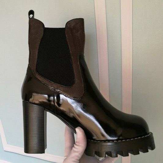 British Lace Up Mixed Colors Womens High Heel Ankle Boots Fashion New Genuine Leather Round Toe Thick Bottom Female Short Boots - LiveTrendsX