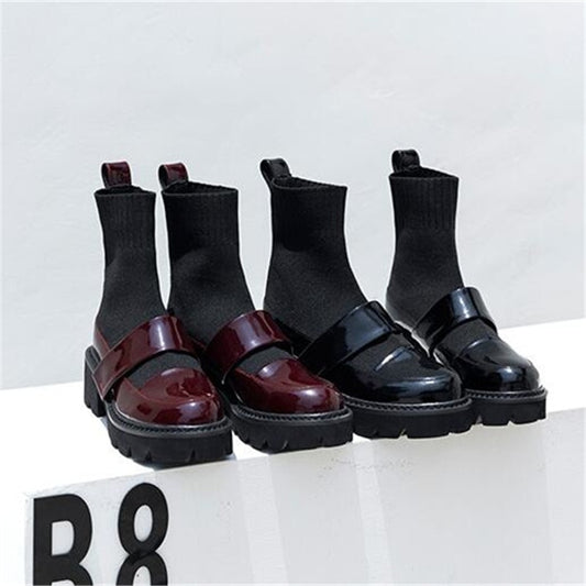 Booties Black Leather Stretch Fabric Patckwork Women Ankle Boots Platform Slip-On Women Short Boots Shoes Woman - LiveTrendsX